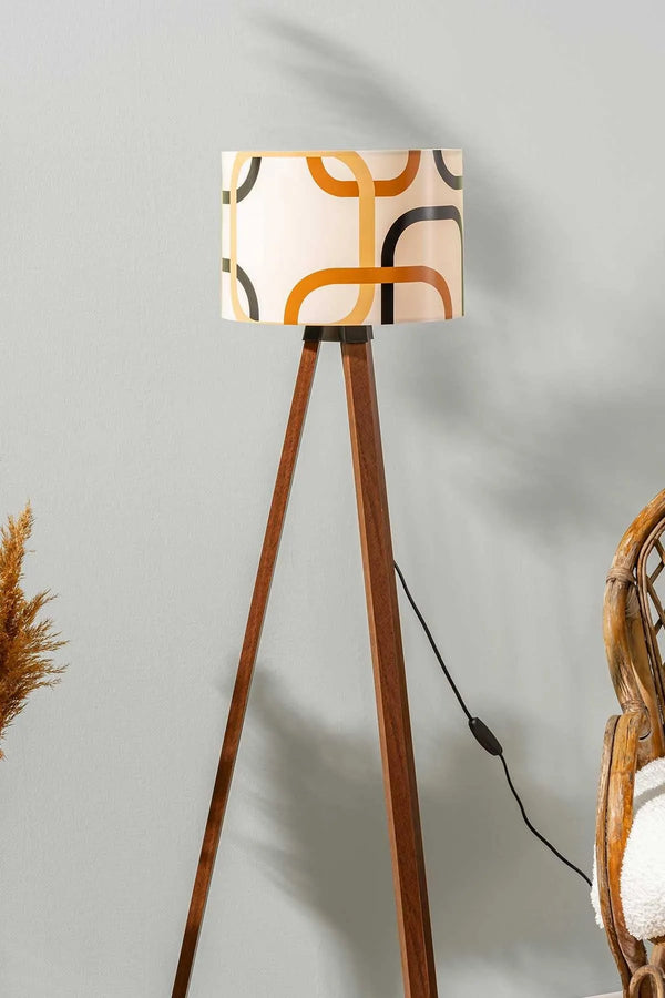 Abstract Cream Cylindrical Shade Wooden Tripod Floor Lamp