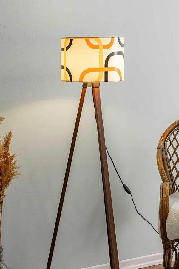 Abstract Cream Cylindrical Shade Wooden Tripod Floor Lamp