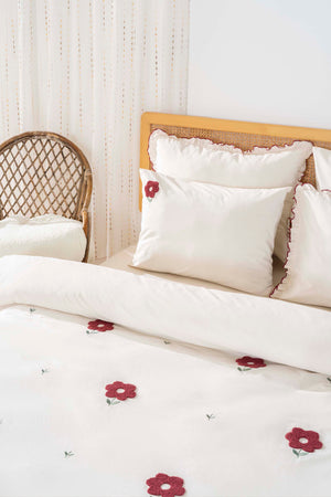 Florita Cherry 100% Cotton Embroidered Duvet Cover Set, 6-Piece Double Size Bedding – Breathable Fabric, 200x220 cm