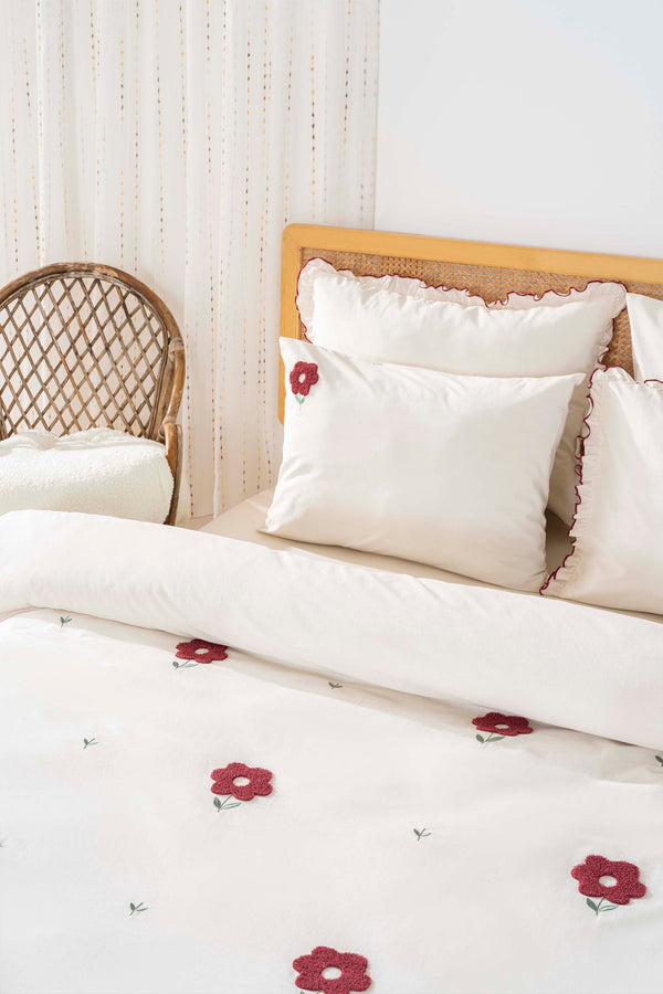 Florita Cherry 100% Cotton Embroidered Duvet Cover Set, 6-Piece Double Size Bedding – Breathable Fabric, 200x220 cm