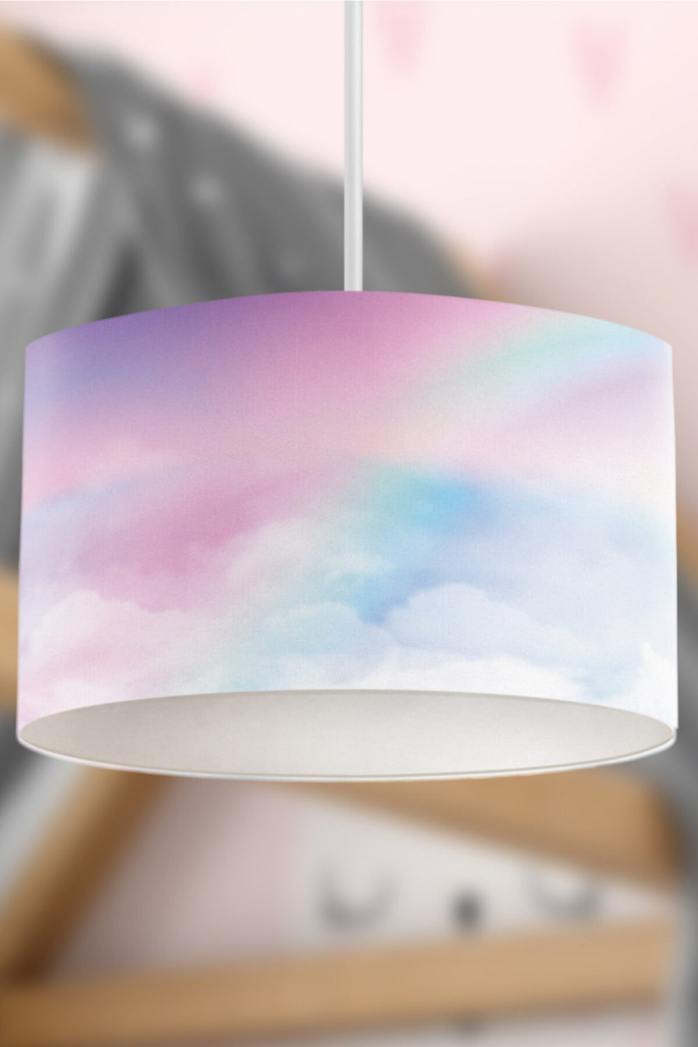 Rainbow & Clouds Themed Children's Room Pendant Lamp - 30cm Decorative Hanging Light with Adjustable Cable - Non-Toxic Water-Based Print
