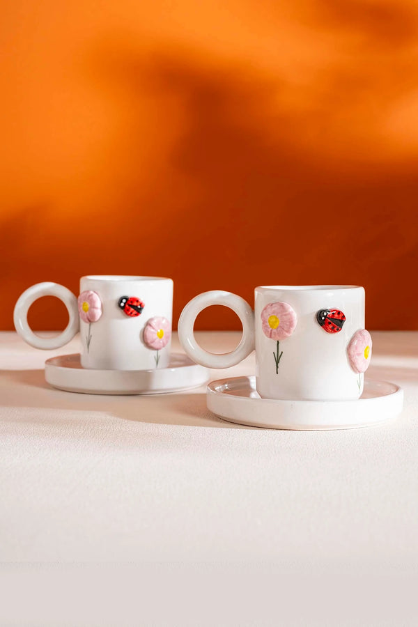 Ladybug Amore Handmade Ceramic Set of Two Turkish Coffee Cups