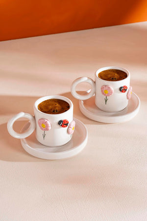 Ladybug Amore Handmade Ceramic Set of Two Turkish Coffee Cups