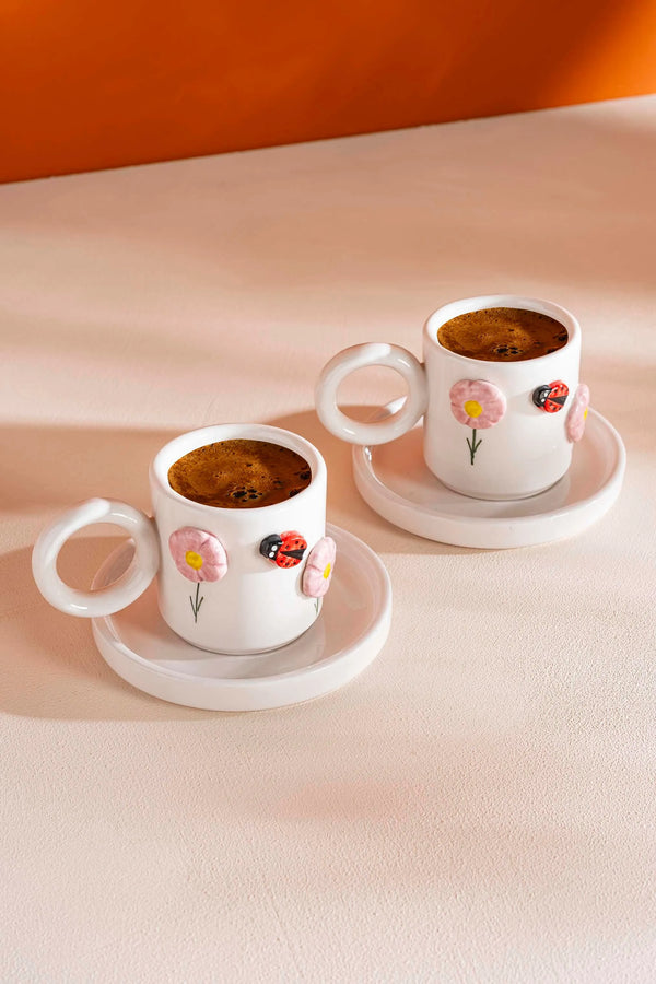 Ladybug Amore Handmade Ceramic Set of Two Turkish Coffee Cups