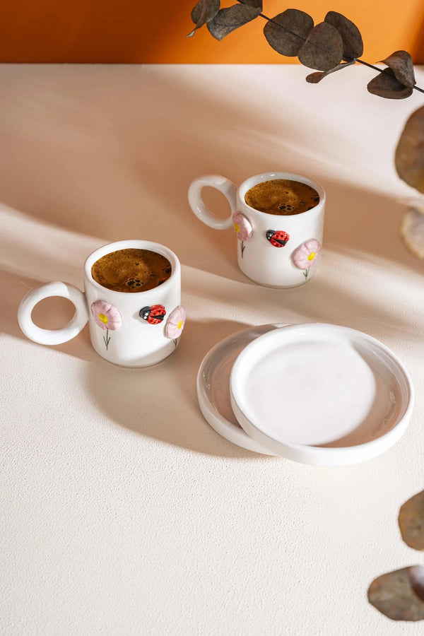 Ladybug Amore Handmade Ceramic Set of Two Turkish Coffee Cups