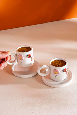 Ladybug Amore Handmade Ceramic Set of Two Turkish Coffee Cups