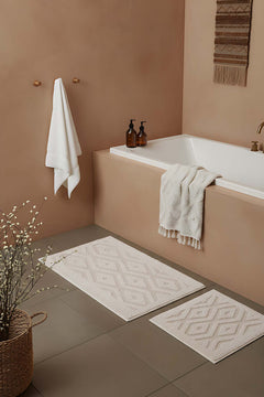 Cream Diamond Patterned Cotton 2-Piece Bathroom Toilet Mat Set
