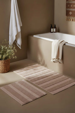 Beige Embossed Striped 2-Piece Bathroom Toilet Mat Set