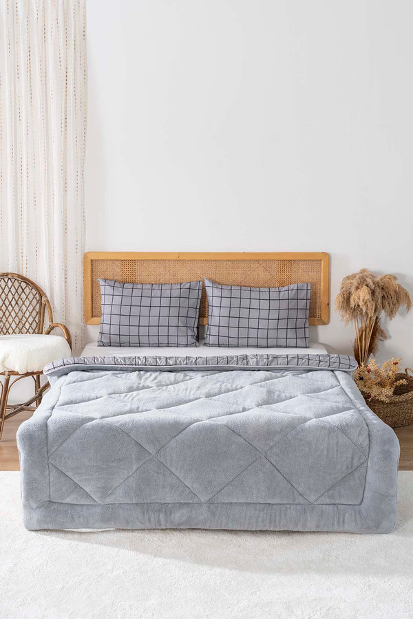 Gray Checked Loura Double-Sided Luxury Wellsoft Duvet Set for Double Bed 195x215 cm