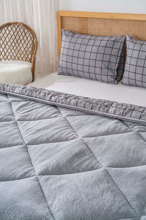 Gray Checked Loura Single-Sided Reversible Lux Wellsoft Quilt Set 155x215 cm