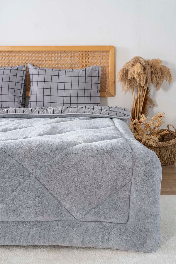 Gray Checked Loura Double-Sided Luxury Wellsoft Duvet Set for Double Bed 195x215 cm