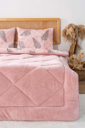 Powder Pink Leaf Loura Double-Sided Luxury Wellsoft Duvet Set for Double Bed 195x215 cm