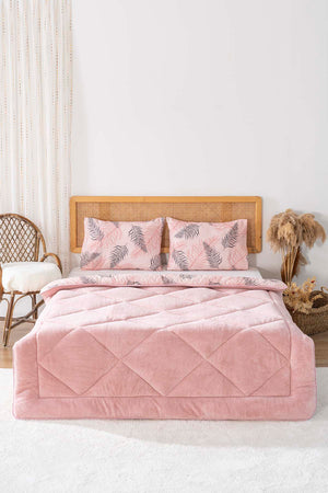 Powder Pink Leaf Loura Double-Sided Luxury Wellsoft Duvet Set for Double Bed 195x215 cm