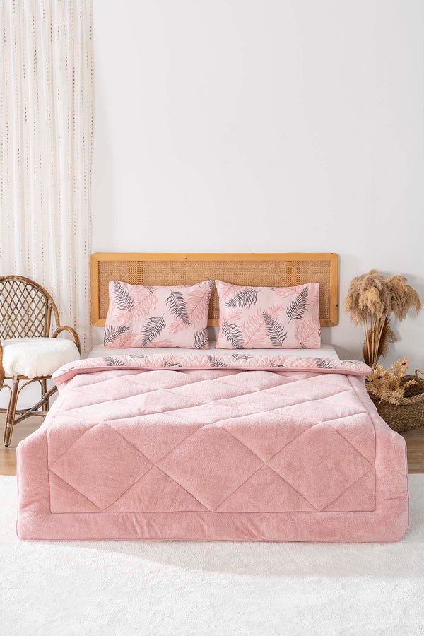 Powder Pink Leaf Loura Double-Sided Luxury Wellsoft Duvet Set for Double Bed 195x215 cm