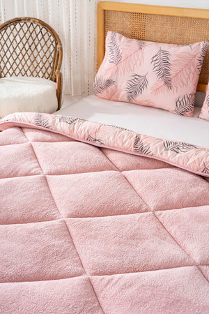 Powder Pink Leaf Loura Double-Sided Luxury Wellsoft Duvet Set for Double Bed 195x215 cm