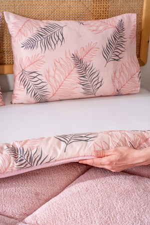Powder Pink Leaf Loura Double-Sided Luxury Wellsoft Duvet Set for Double Bed 195x215 cm