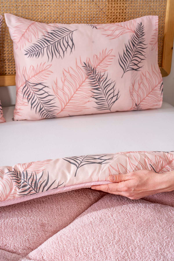 Powder Pink Leaf Loura Double-Sided Luxury Wellsoft Duvet Set for Double Bed 195x215 cm