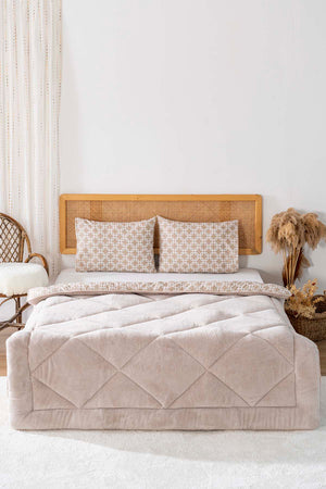 Beige Geometric Loura Single Size Reversible Luxury Wellsoft Duvet Set 155x215 cm