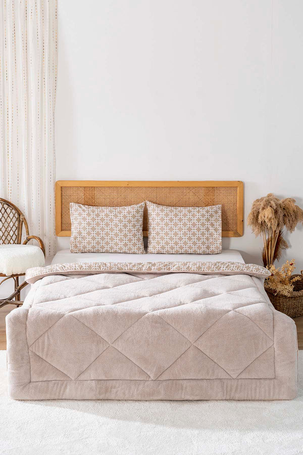 Beige Geometric Loura Single Size Reversible Luxury Wellsoft Duvet Set 155x215 cm
