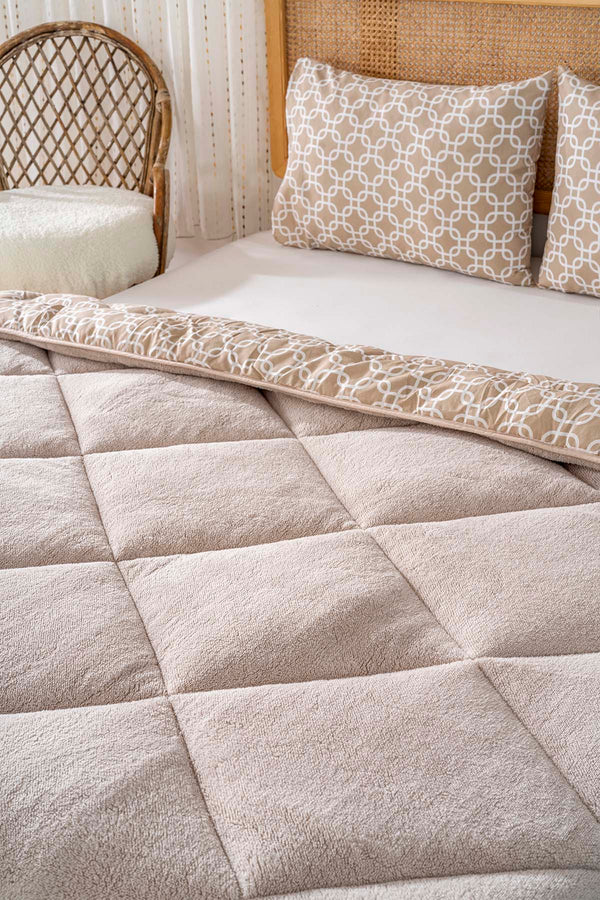 Beige Geometric Loura Double King-Sized Reversible Deluxe Wellsoft Duvet Set 195x215 cm