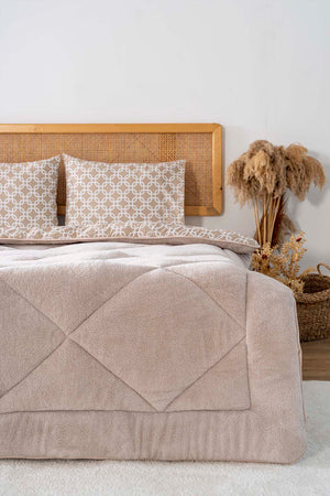 Beige Geometric Loura Double King-Sized Reversible Deluxe Wellsoft Duvet Set 195x215 cm