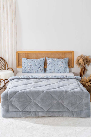 Grey Floral Loura Single-Sided Reversible Luxury Wellsoft Duvet Set 155x215 cm