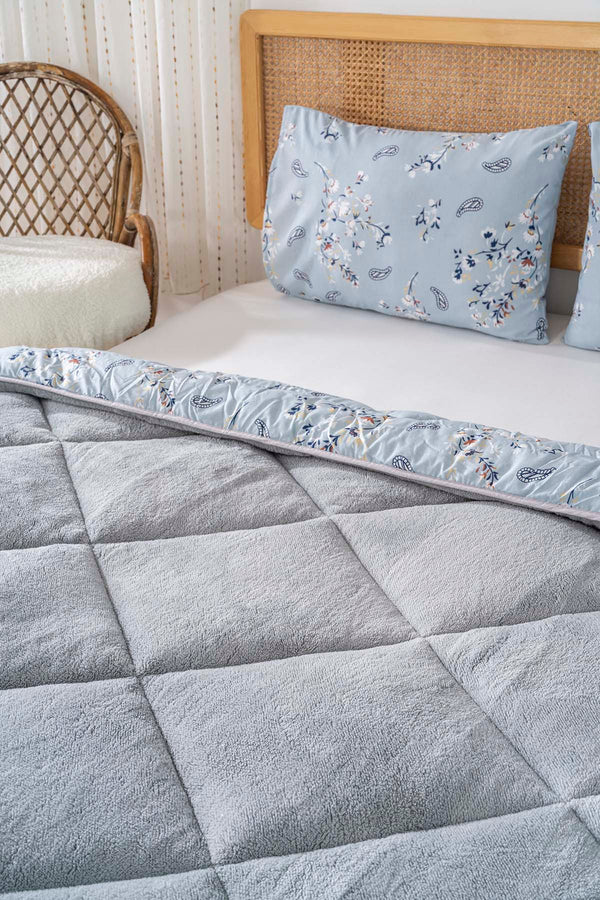 Gray Floral Loura Double-Sided Deluxe Wellsoft Quilt Set for Double Bed 195x215 cm