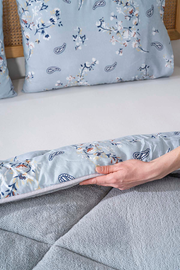 Gray Floral Loura Double-Sided Deluxe Wellsoft Quilt Set for Double Bed 195x215 cm