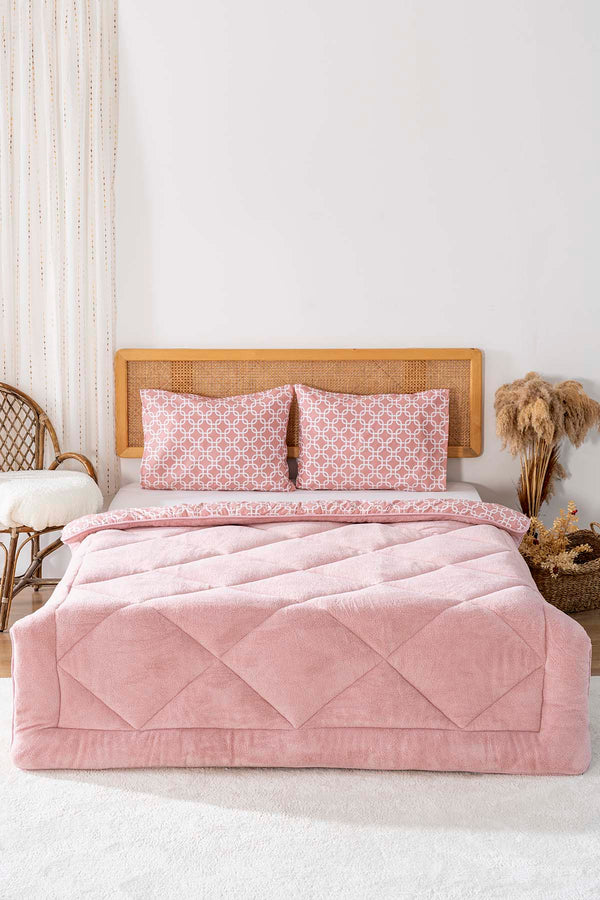 Powder Geometric Loura Double-Sided Luxury Wellsoft Quilt Set for Double Bed 195x215 cm