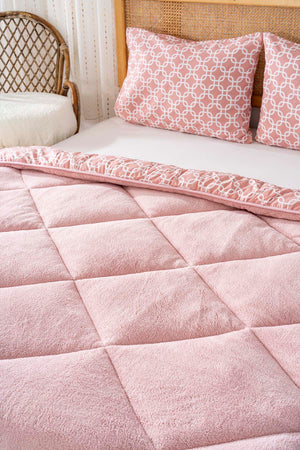 Powder Geometric Loura Double-Sided Luxury Wellsoft Quilt Set for Double Bed 195x215 cm