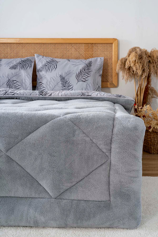Gray Leaf Loura Double-Sided Luxury Wellsoft Duvet Set for Double Bed 195x215 cm