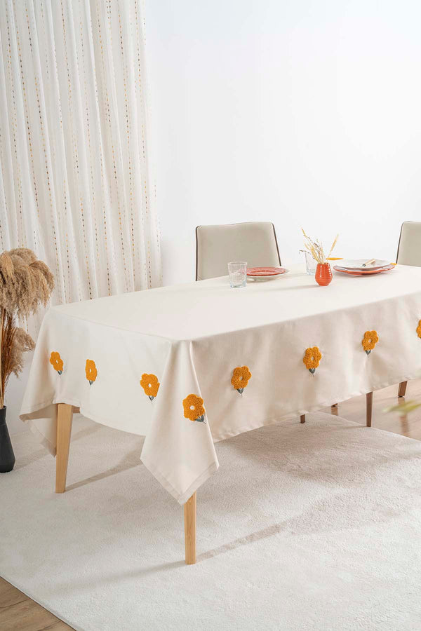 Florita Yellow Embroidered Stain-Resistant Tablecloth(160x220 cm)