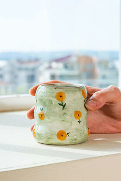 Green Flower Amore Single Mug – Handmade Ceramic Coffee/Tea Cup, 220 ml