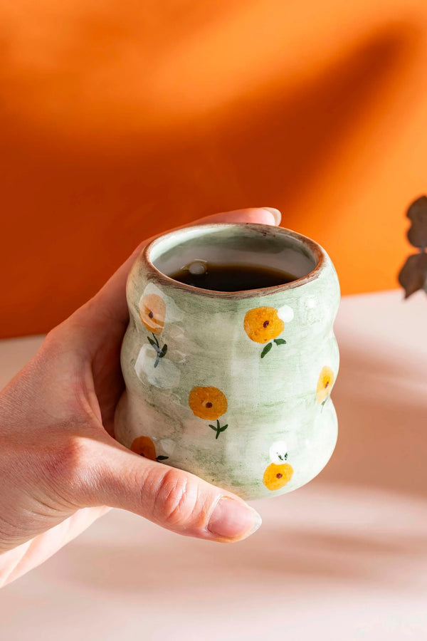 Green Flower Amore Handmade Ceramic Double Coffee Cup Mug