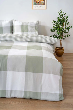 Green Checkered Outlet Double Duvet Cover Set – Cotton