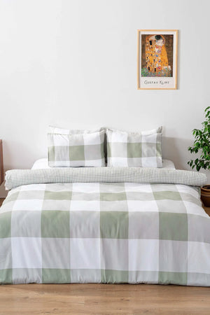 Green Checkered Outlet Double Duvet Cover Set – Cotton