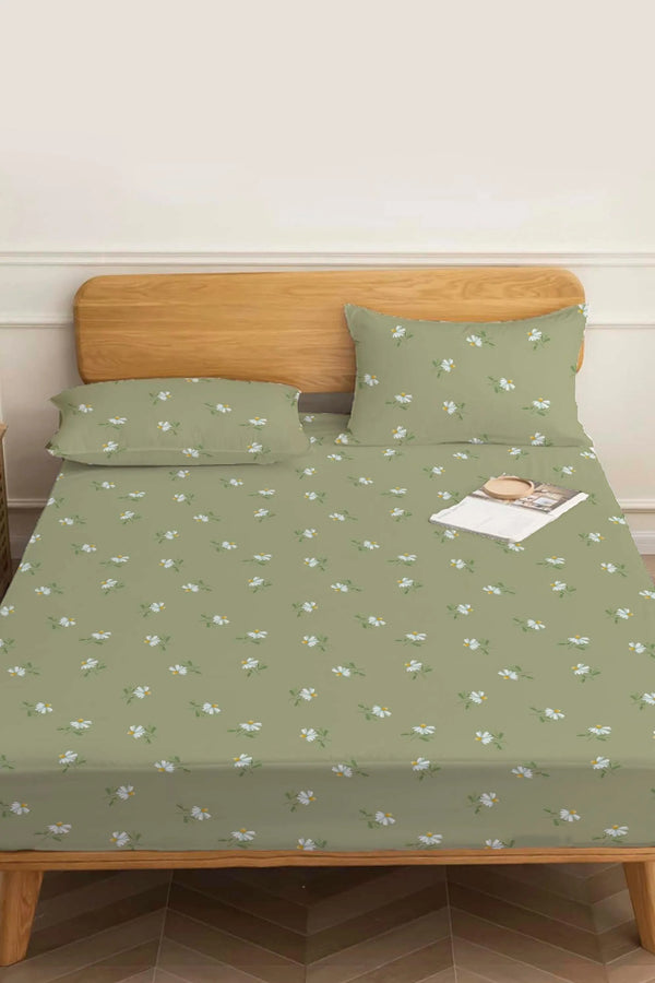 Green Daisy Double Cotton Bed Sheet