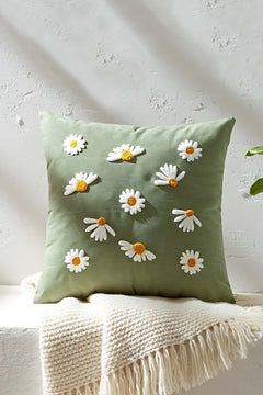 Green Background Daisy Patterned Punch & Embroidered Decorative Cushion Cover – Linen Cotton Blend, Ecru Base, Hidden Zipper, 43x43 cm