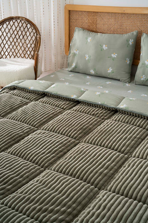 Green Daisy Single/Twin Deluxe Sleep Set – Reversible Wellsoft & Cotton Quilt, 2-Piece, 165x200 cm