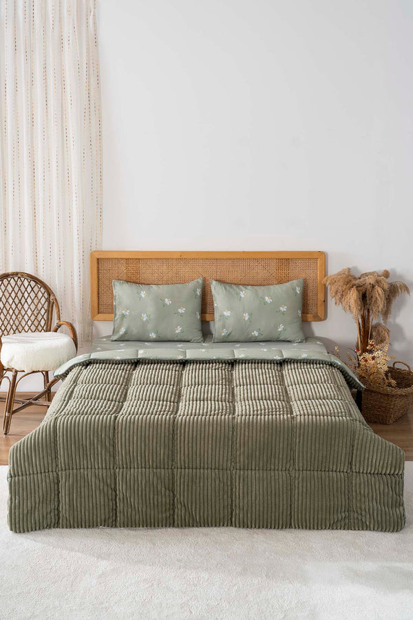 Green Daisy Single/Twin Deluxe Sleep Set – Reversible Wellsoft & Cotton Quilt, 2-Piece, 165x200 cm