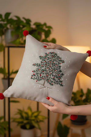 Beige Pine Tree Embroidered Pom Pom Decorative Pillow Cover, 43x43 cm, Woven Wicker Look, Polyester, Hidden Zipper, Farmhouse Style Accent Pillow Cover