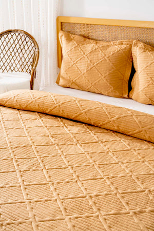 Edda Mustard Embroidered Double Bedspread Set 3-Piece Bedding Set