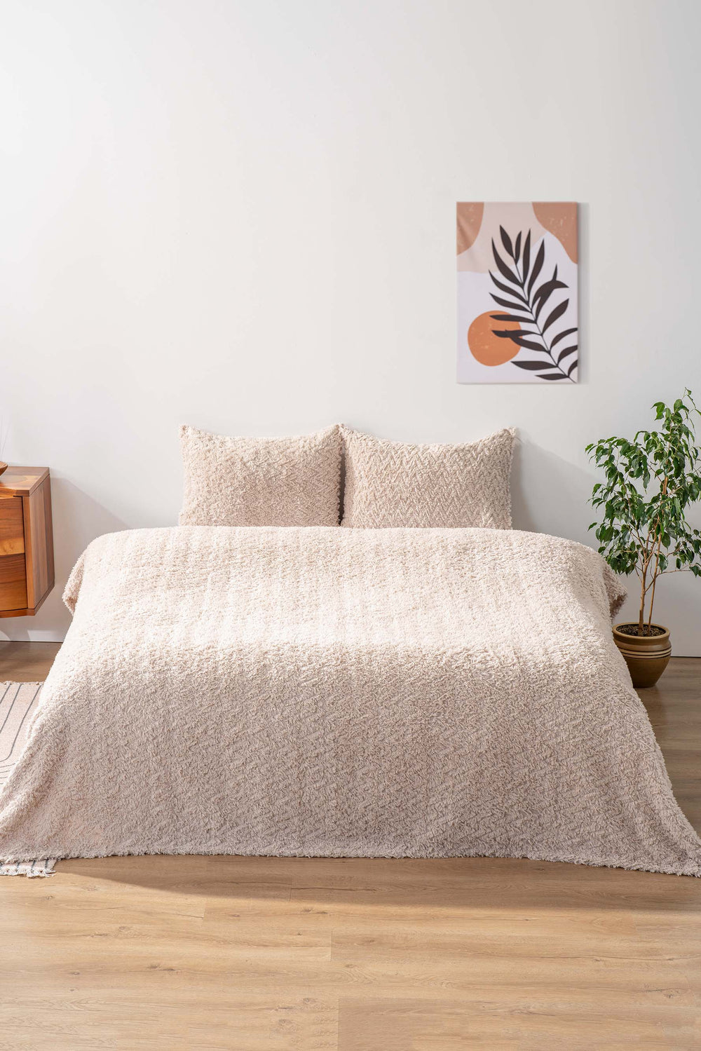 Dali Beige Zigzag Jacquard Plush Bedspread Set – 3-Piece Multi-Use Coverlet & Shams, Queen Size, 220x240 cm