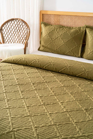 Edda Khaki Embroidered Double Bedspread Set 3-Piece Sleep Set
