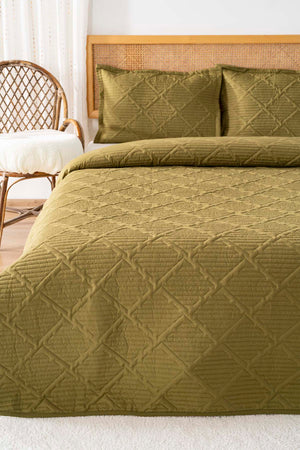 Edda Khaki Embroidered Double Bedspread Set 3-Piece Sleep Set