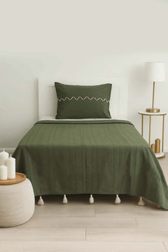 Luna Khaki Beaded & Tasseled 2-Piece Bedspread Set – 100% Cotton, Single Size, 180x240 cm