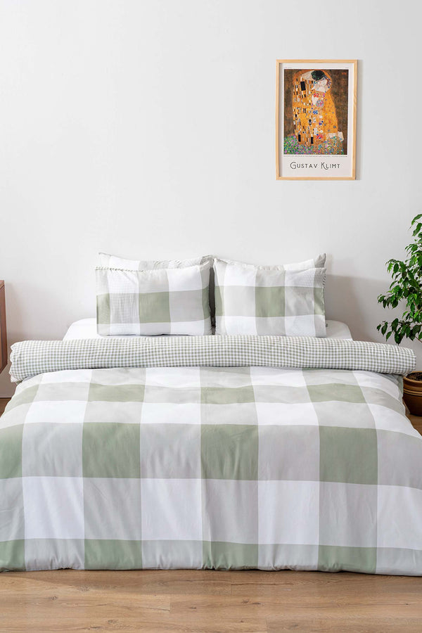 Green Checkered Single Duvet Cover Set – Cotton