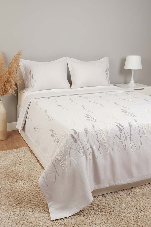 Light Grey Willow Breeze Pattern Double Embroidered Bedspread Set