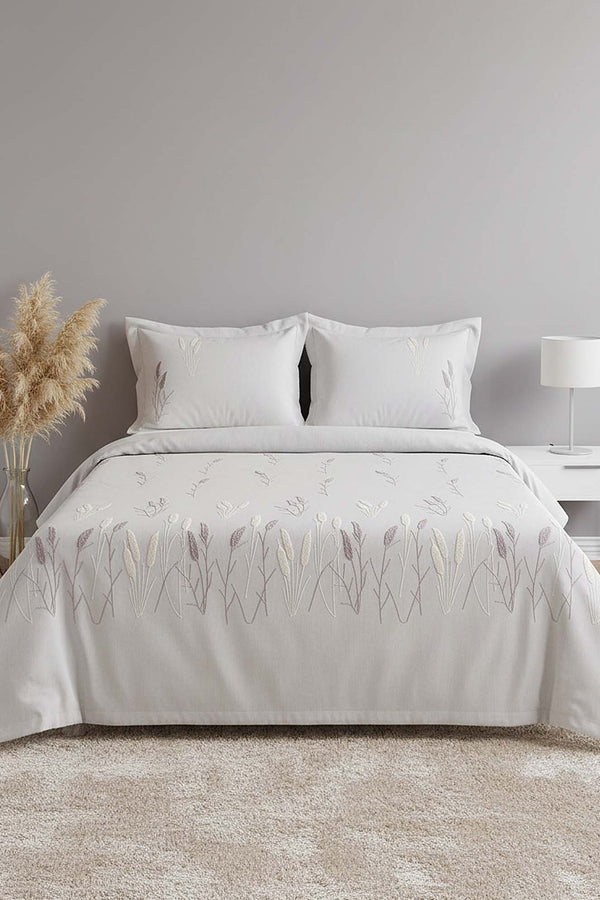 Light Grey Willow Breeze Pattern Double Embroidered Bedspread Set