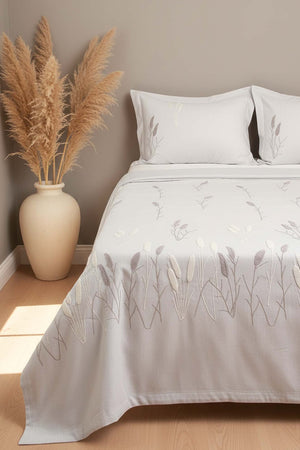 Light Grey Willow Breeze Pattern Double Embroidered Bedspread Set